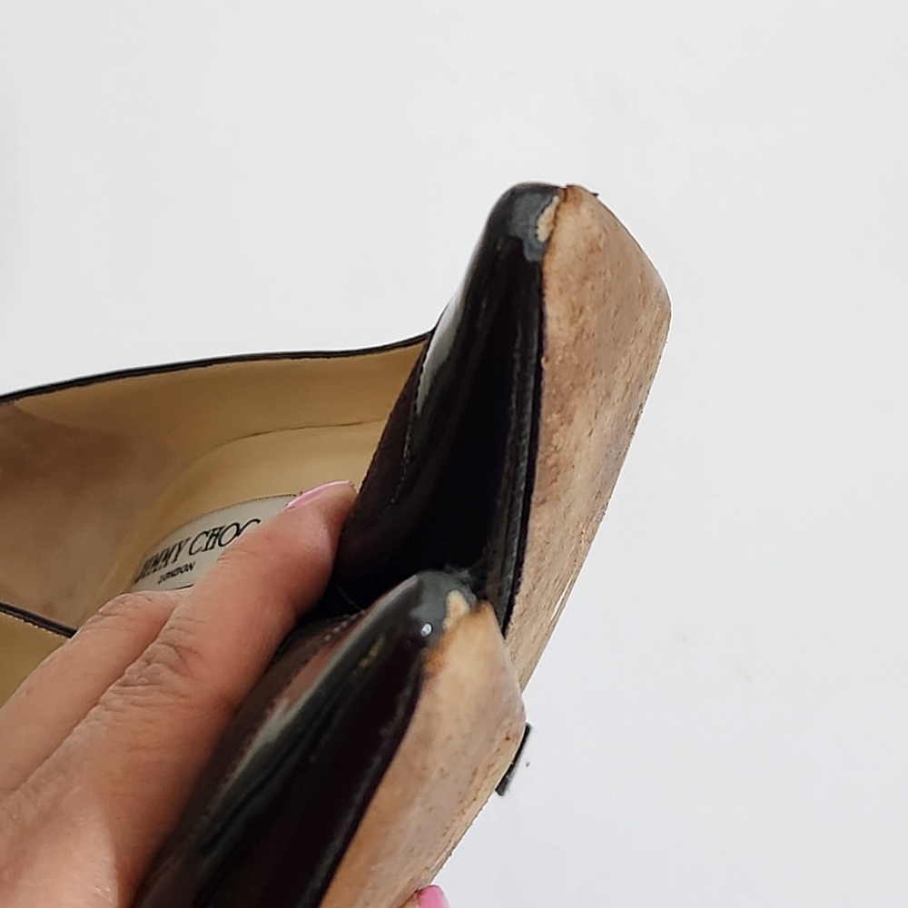 Jimmy Choo Brown Suede and Patent Leather Heels - Picture 14 of 16
